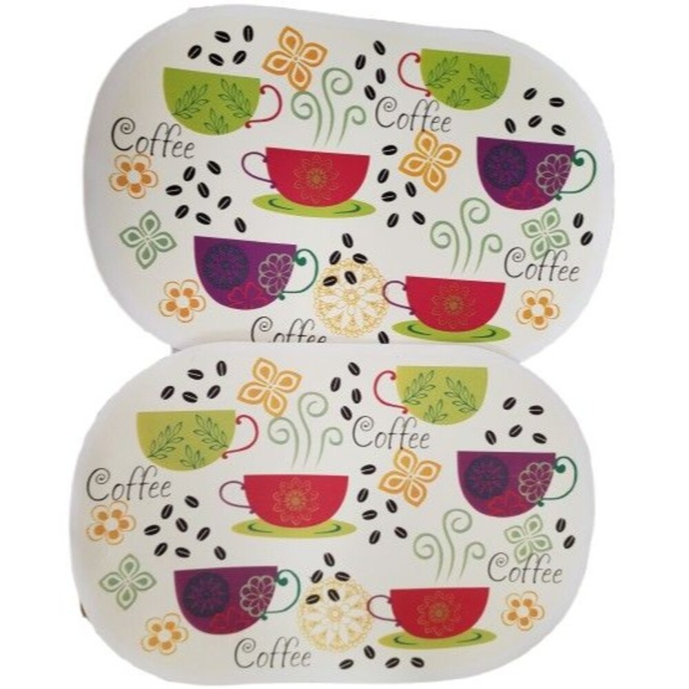 Set of 2 Same Kitchen Vinyl Non Clear Placemats(18"x12") COLORFUL COFFEE CUPS,BH